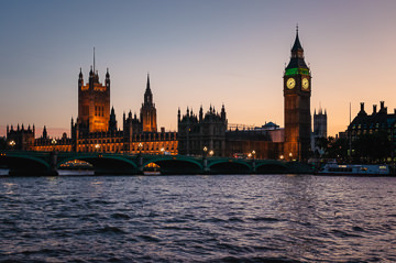 Palace of Westminster and Big Ben at dusk.