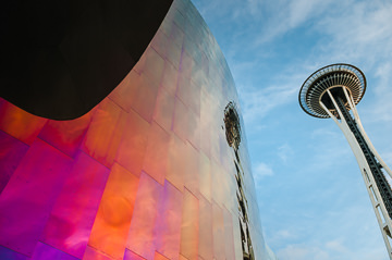 Space Needle reflection, Museum of Pop Culture.